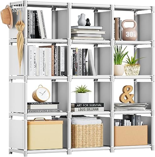 Mavivegue Book Shelf, 12 Cube Storage Organizer, DIY Bookcase, Metal Bookshelf,Tall Book case for Bedroom, Living Room,Office,Closet, Black Cubicle Rack — White / 12-Grid (2)