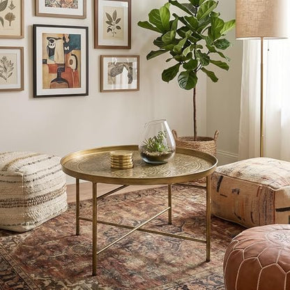 HOMCOM 24" Round Coffee Table with Hammered Tray Top, Vintage Metal Center Table for Living Room, Bedroom, Side Table, Gold