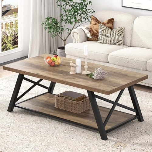 EXCEFUR Modern Coffee Table, Rectangle Center Table for Living Room with Storage Shelf, Industrial Wood and Metal Cocktail Tea Table, Rustic Oak, 47 Inch