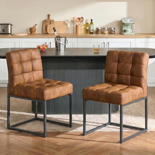 GrandNoor Coffee Faux Leather Dining Chairs Set of 4, Mid-Century Modern Dining Room Chairs with Armless, Checkered Kitchen Chair with Metal Legs