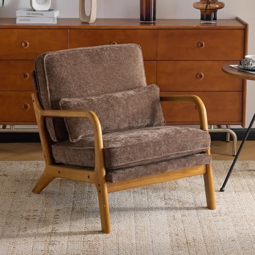 Karl home Mid-Century Modern Accent Reading Chair, Beige | Linen Upholstered, Solid Wood Frame, Soft Cushion, Lumbar Pillow, Lounge Armchair for Living Room, Bedroom, Balcony, Study — Chenille Brown (2)