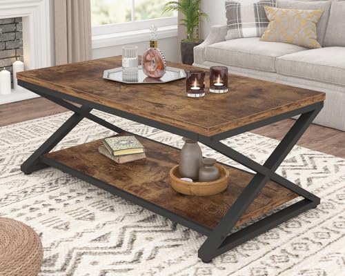 HSH Wood Coffee Table with Storage, Farmhouse Rustic Brown Coffee Table for Living Room, Modern Minimalist 2 Tier Center Table, Simple Rectangle Cocktail Tea Table in Home Office Bedroom, 39 Inch