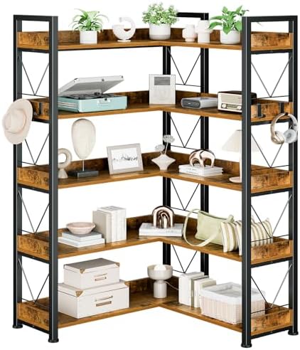 DUMOS 5 Tiers Bookshelf, Classical Modern Book Shelf, Tall Display Shelves in Living Room/Home/Office, Storage Organizer for CDs/Books/Movies, Rustic Brown | Tall Display Shelves in Living Room/Home/Office, Storage Organizer for CDs/Books/Movies, Rustic B