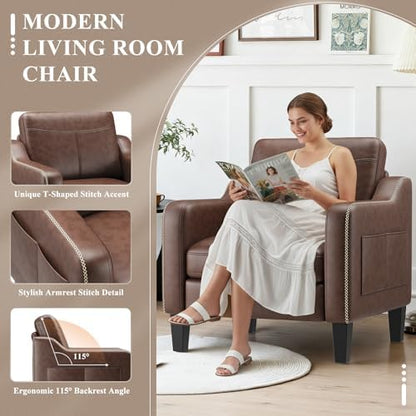 MALOL PU Leather Accent Chair, Mid-Century Modern Living Room Armchair Sofa with Removable Cushions, Solid Wood Frame & Stitched Armrest Design, Bedroom Chair with Plastic Legs, Chocolate Brown