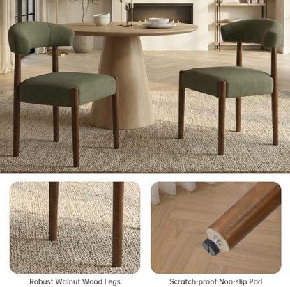 VKNOW Wooden Dining Chairs Set of 4, Modern Upholstered Dining Room Chairs with Walnut Wood Legs and Curved Backrest, Fabric Kitchen Chairs for Farmhouse/Living Room/Dining Room, Green