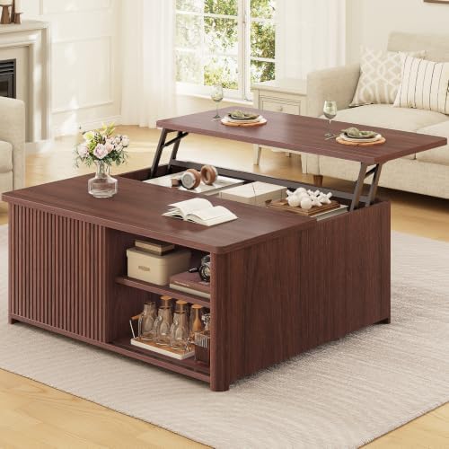 SEDETA 31.5" Lift Top Coffee Table with Storage, Square Coffee Tables for Living Room, Farmhouse Coffee Table with Large Hidden Storage Compartment and Adjustable Shelves, Black — Walnut (2)