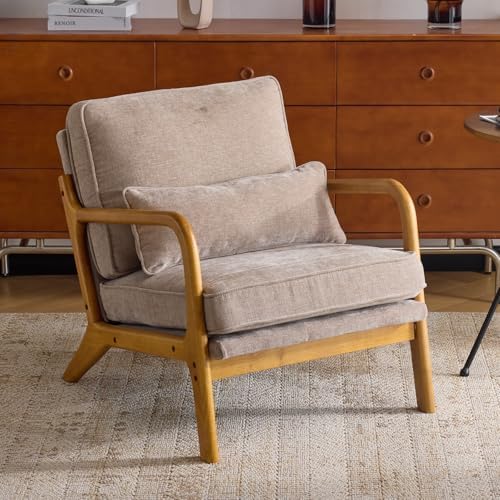 Karl home Mid-Century Modern Accent Reading Chair, Beige | Linen Upholstered, Solid Wood Frame, Soft Cushion, Lumbar Pillow, Lounge Armchair for Living Room, Bedroom, Balcony, Study — Chenille Khaki (2)