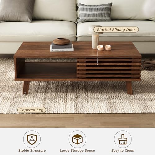 Furniway Mid Century Modern Coffee Table, Wood Coffee Table with Storage, Farmhouse Table for Living Room, Apartment, Walnut