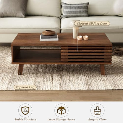 Furniway Mid Century Modern Coffee Table, Wood Coffee Table with Storage, Farmhouse Table for Living Room, Apartment, Walnut