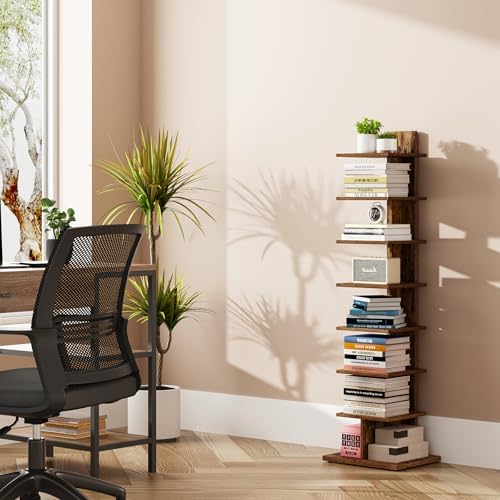 TUTOTAK Book Shelf, Narrow Spine Bookshelf, 8-Tier Bookcase for Small Space | 10.4 x 13.4 x 47.5 Inches Vertical Freestanding Corner Shelf for Living Room, Office, Study, Entryway, Brown BS06BB008