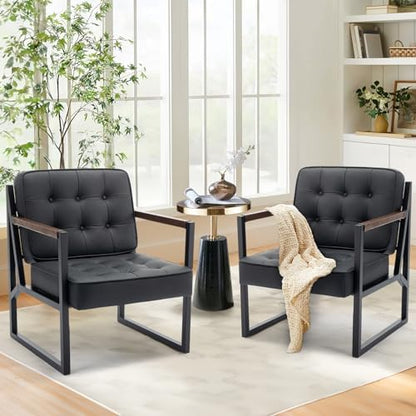 COLAMY Mid Century Modern Accent Chair Set of 2, Comfy Living Room Chair, Black Leather Accent Chair, Faux Leather Reception Armchair with Metal Legs for Living Room Bedroom Reception Office, Black — Black / Set of 2 (11)