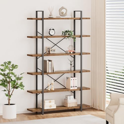 HSH White Bookshelf, 6 Tier Tall Bookcases for Bedroom Living Room Office | Industrial Modern Vertical Metal and Wood Bookcases, Farmhouse 6 Shelf Open Large Storage Book Shelves Display Book Shelf