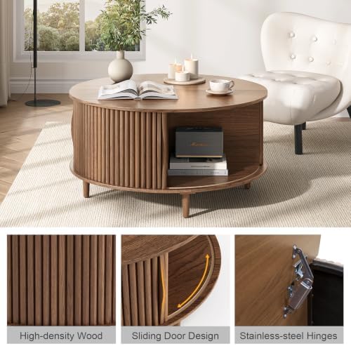 JOINICE 31.5" Round Coffee Table with Storage for Living Room, Walnut | Hidden Storage,Fluted Sliding Door,Mid Century Furniture for Small Apartments,Solid Wood Legs,Easy Assembly,Up to 110 lbs