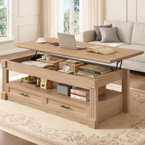 Itaar 47.2" Lift Top Coffee Table with Storage, Farmhouse Coffee Tables for Living Room with 4 Wood Drawers & Large Hidden Storage Space, Center Table for Living Room, Black + Brown — Oak / 2 Drawers (2)