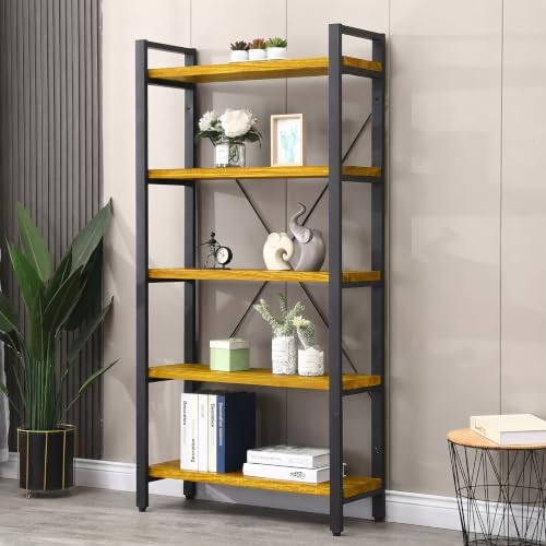 WH-AOERPUMY 5 Tier Bookcase, Solid Wood Bookshelf Rustic Vintage Industrial Etagere Bookcase, Metal and Wood Free Vintage Bookshelf, Retro Brown (5-Tiers)