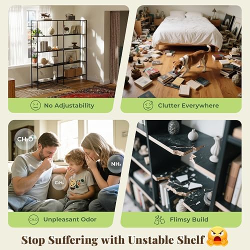 Huuger 5 Tier Bookshelf, L Shaped Corner Bookshelf with 10 Open Shelves, 49.4 Inch Straight Wide Bookcase with Metal Frame and Wooden Board, Adjustable Feet, Rustic Brown