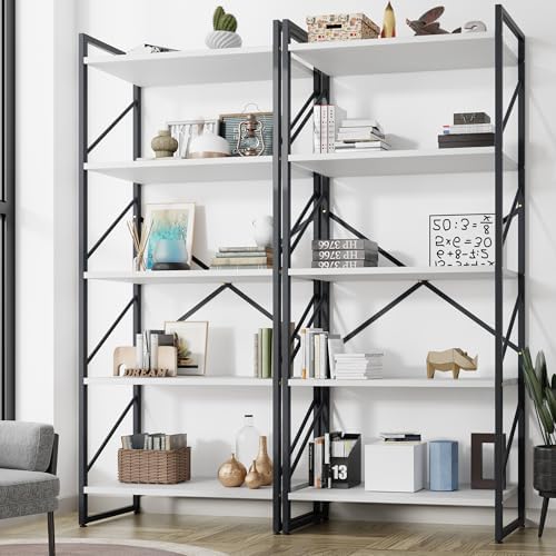 Shintenchi 5 Tiers Bookshelf, Classically Tall Bookcase Shelf, Industrial Book Rack, Modern Book Holder in Bedroom/Living Room/Home/Office, Storage Rack Shelves for Books/Movies-Rustic Brown — 2pcs/White (2)