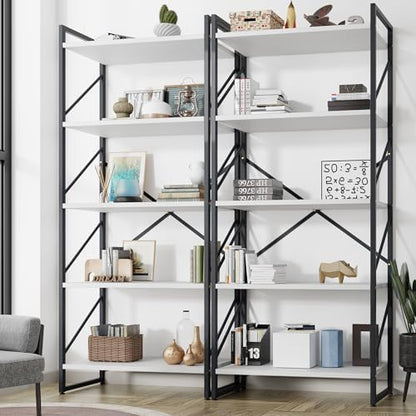 Shintenchi 5 Tiers Bookshelf, Classically Tall Bookcase Shelf, Industrial Book Rack, Modern Book Holder in Bedroom/Living Room/Home/Office, Storage Rack Shelves for Books/Movies-Rustic Brown — 2pcs/White (2)