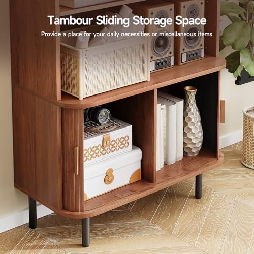 ONBRILL 71" Tall Bookshelf, 4-Tier Bookcase with Storage Cabinet & Adjustable Storage Shelf, Freestanding Wood Bookshelf with Sliding Door and Adjustable Footpad, for Home Office, Living Room, Walnut