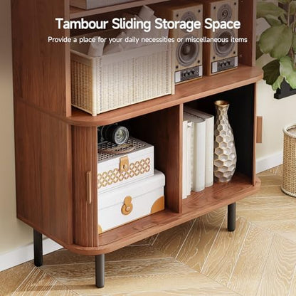 ONBRILL 71" Tall Bookshelf, 4-Tier Bookcase with Storage Cabinet & Adjustable Storage Shelf, Freestanding Wood Bookshelf with Sliding Door and Adjustable Footpad, for Home Office, Living Room, Walnut