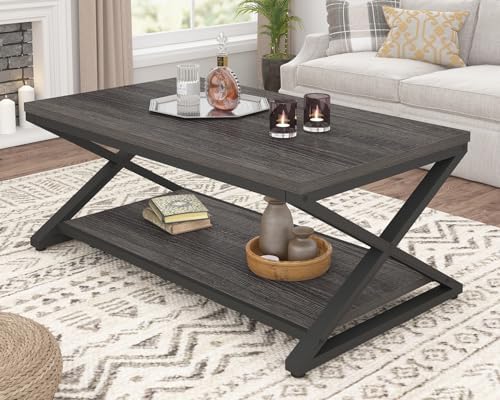 HSH Rustic Farmhouse Coffee Table, Modern Minimalist Wood and Metal Living Room Table, 2 Tie Rectangle Center Table with Storage & Display Shelf, Simple Office Cocktail Tea Table, Rustic Oak, 39 Inch