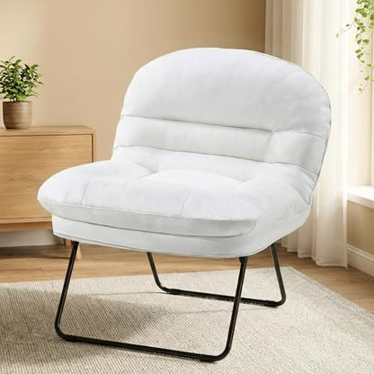 DUMOS Comfy Saucer Chair, Faux Fur Lounge Seasting XL Circle Chair for Bedroom, Dorm & Gaming, Foldable Fashion Accent Seat for Small Spaces, Folding Moon/Mushroom/Round Oversized Style,White