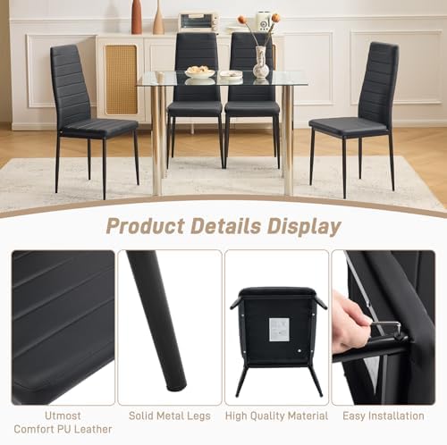 Karl home Dining Chairs Set of 4, PU Leather & High Back, Black | Black kitchen chairs with padded seats & foot cap protection for dining kitchen living room,300lbs capacity,space-saving