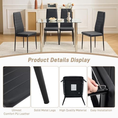 Karl home Dining Chairs Set of 4, PU Leather & High Back, Black | Black kitchen chairs with padded seats & foot cap protection for dining kitchen living room,300lbs capacity,space-saving