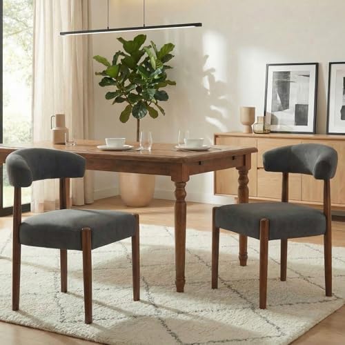 VKNOW Wooden Dining Chairs Set of 4, Modern Upholstered Dining Room Chairs with Walnut Wood Legs and Curved Backrest, Fabric Kitchen Chairs for Farmhouse/Living Room/Dining Room, Green