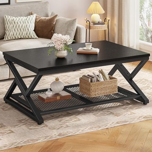 EnHomee Coffee Table with Storage & Shelf for Living Room, Rustic Brown | Families, Wood & Metal, Holds Magazines & Drinks, Industrial Design