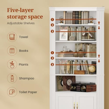 UPOSOJA 83” Tall Corner Bookshelf with Storage Cabinet, L-Shaped 5 Tier Bookcase Open Racks, Classical Style Bookshelves Adjustable Shelves, Home Office, Living Room & Kitchen