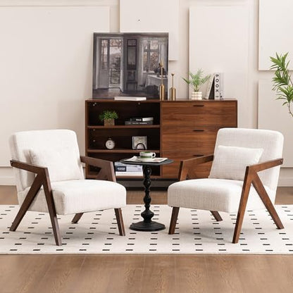 Mid-Century Modern Accent Chair with Solid Wood Frame，Upholstered Chenille Living Room Arm Chairs with Pillow for Bedroom, Living Room, Balcony, Reading Room, Green — 1 / Beige (2)
