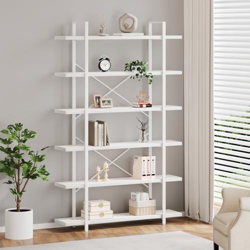HSH White Bookshelf, 6 Tier Tall Bookcases for Bedroom Living Room Office | Industrial Modern Vertical Metal and Wood Bookcases, Farmhouse 6 Shelf Open Large Storage Book Shelves Display Book Shelf