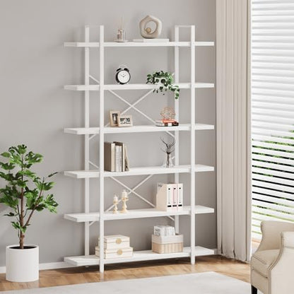 HSH White Bookshelf, 6 Tier Tall Bookcases for Bedroom Living Room Office | Industrial Modern Vertical Metal and Wood Bookcases, Farmhouse 6 Shelf Open Large Storage Book Shelves Display Book Shelf
