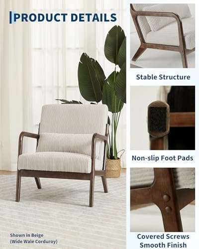 Garvee Mid-Century Chenille Accent Chair, Cozy Reading Chair, Modern Lounge Armchair with Lumbar Pillow, Solid Wood Frame, for Living Room, Bedroom, Office, Beige