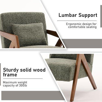 Mid-Century Modern Accent Chair with Solid Wood Frame，Upholstered Chenille Living Room Arm Chairs with Pillow for Bedroom, Living Room, Balcony, Reading Room, Green