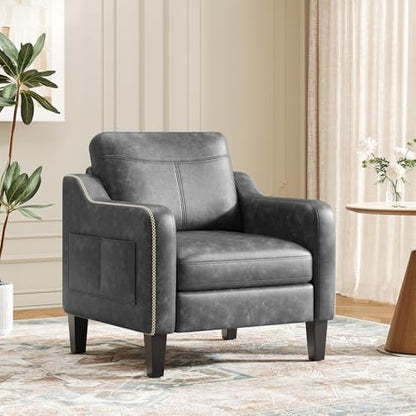 MALOL PU Leather Accent Chair, Mid-Century Modern Living Room Armchair Sofa with Removable Cushions, Solid Wood Frame & Stitched Armrest Design, Bedroom Chair with Plastic Legs, Chocolate Brown