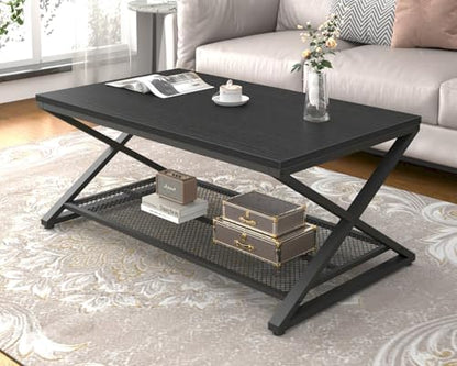 LVB Coffee Table for Living Room, 2 Tier Tea Table, 47 inch, Rustic Brown | Industrial Metal Wood Coffee Table with Storage, Farmhouse Wooden Rectangle Center Table with Mesh Shelf for Office Bedroom