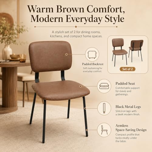 Brown Dining Chairs Set of 2, Faux Leather Upholstered Kitchen & Dining Room Chairs with Back, Modern Armless Side Chairs with Black Metal Legs for Dining Room, Kitchen, Vanity, Guest Room