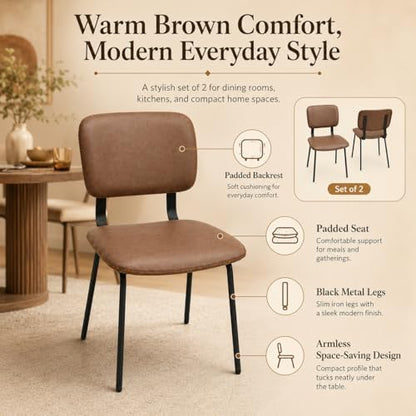 Brown Dining Chairs Set of 2, Faux Leather Upholstered Kitchen & Dining Room Chairs with Back, Modern Armless Side Chairs with Black Metal Legs for Dining Room, Kitchen, Vanity, Guest Room