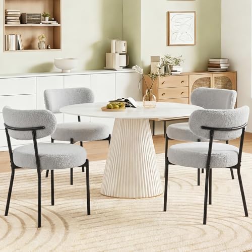 DUMOS Dining Chairs Set of 2, Mid Century Modern Chair Round Upholstered Curved Backrest, Kitchen Vanity Living Room Chairs with Black Metal Legs，Ivory White — Modern Grey / Set of 2 (2)