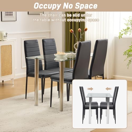 Karl home Dining Chairs Set of 4, PU Leather & High Back, Black | Black kitchen chairs with padded seats & foot cap protection for dining kitchen living room,300lbs capacity,space-saving