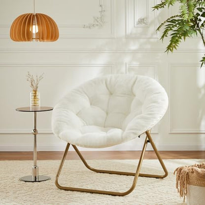 DUMOS Comfy Saucer Chair, Faux Fur Lounge Seasting XL Circle Chair for Bedroom, Dorm & Gaming, Foldable Fashion Accent Seat for Small Spaces, Folding Moon/Mushroom/Round Oversized Style,White
