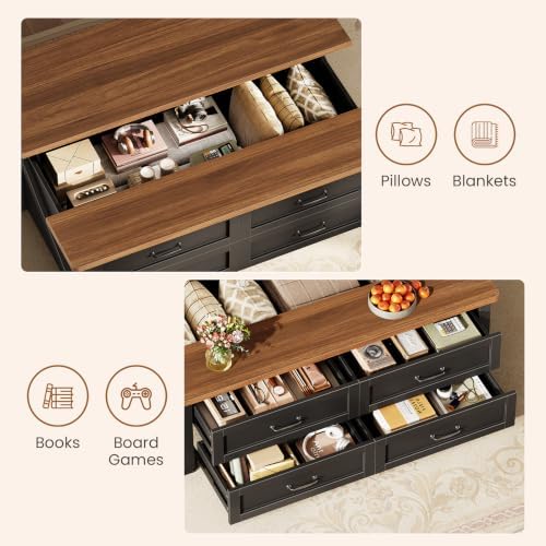 Itaar 47.2" Lift Top Coffee Table with Storage, Farmhouse Coffee Tables for Living Room with 4 Wood Drawers & Large Hidden Storage Space, Center Table for Living Room, Black + Brown