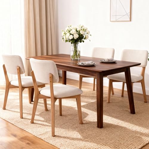 Wooden Dining Chairs Set of 2, Mid Century Modern Kitchen Chairs with Fabric Upholstered and Curved Backrest for Dining Room, Restaurant/Cafe, Walnut