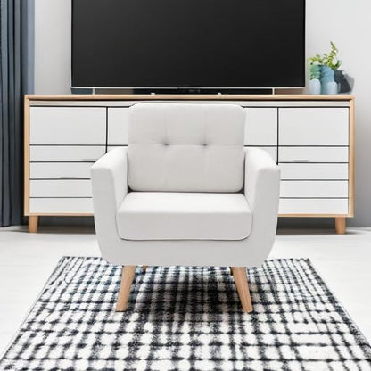 Tbfit Linen Fabric Single Sofa, Accent Chair, Mid Century Modern Armchair for Living Room, Bedroom Button Tufted Upholstered Comfy Reading Sofas, Beige — Single / Beige (5)