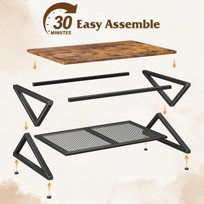 EnHomee Coffee Table with Storage & Shelf for Living Room, Rustic Brown | Families, Wood & Metal, Holds Magazines & Drinks, Industrial Design
