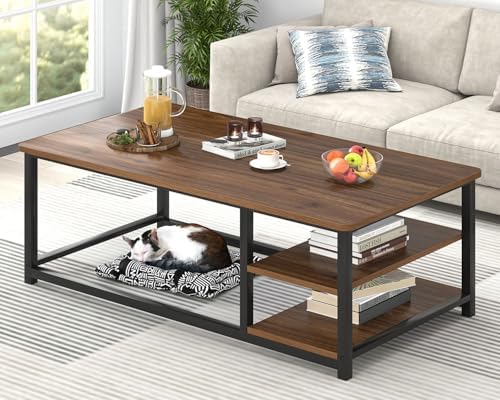EXCEFUR Modern Coffee Table, Rustic Wood and Metal Living Room Table with Storage Shelf, Industrial Brown, 47 Inch — Rustic Walnut (2)