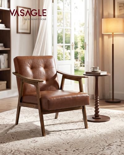VASAGLE Accent Chair, PU Leather Armchair, Button Tufted Living Room Chair, Thick Cushion, Mid Century Modern Lounge Seating for Bedroom, Reading Nook, Home Office, Brown ULYY200KZ02S