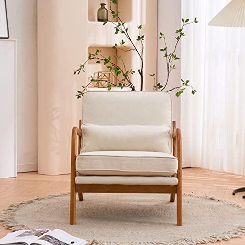 Karl home Mid-Century Accent Reading Chairs Set of 2, Beige | Linen Upholstered, Solid Wood Frame, Soft Cushion, Lumbar Pillow, Lounge Armchair for Living Room, Bedroom, Balcony, Study